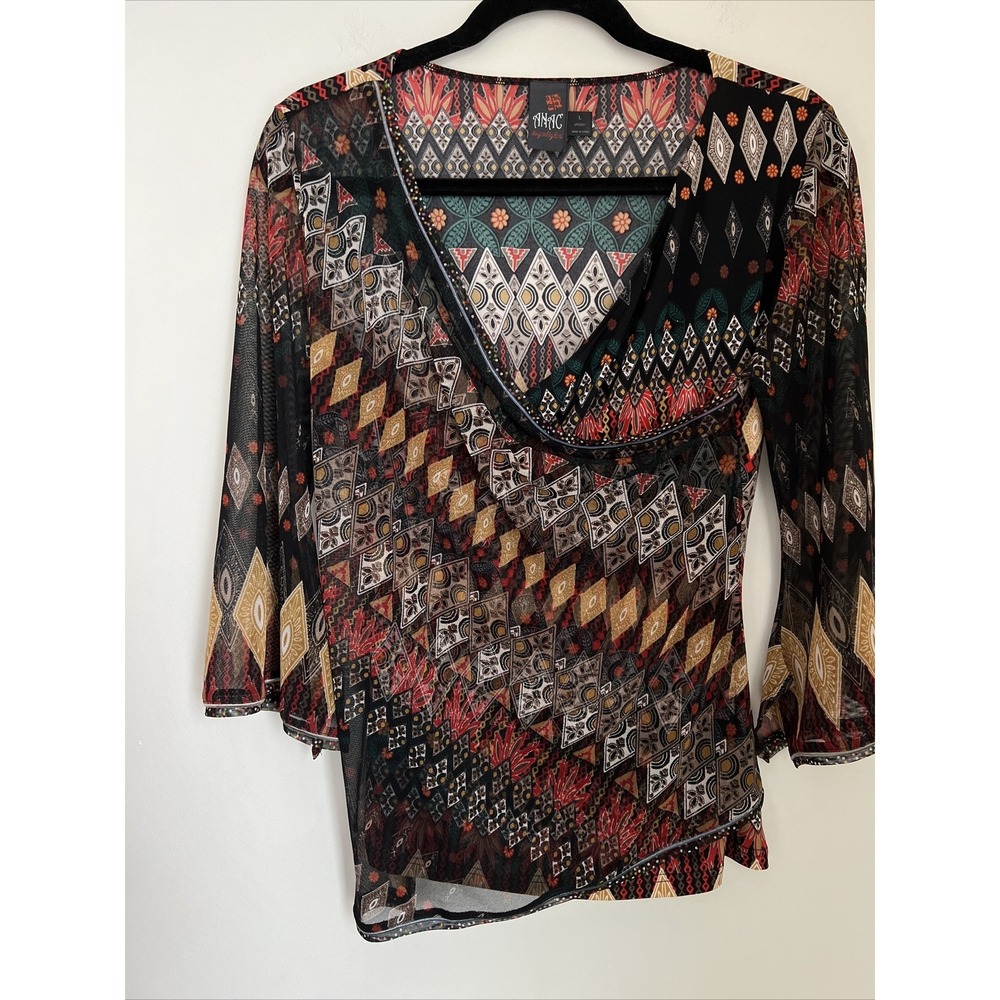 ANAC by Kimi Faux Wrap Mesh Top Size L V-neck Printed Art to Wear Y2K